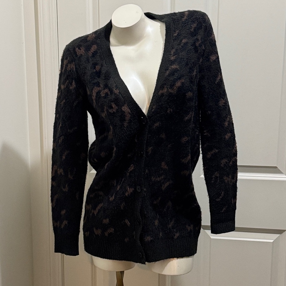 Ann Taylor Black and Brown Leopard Textured Print,  Cardigan - Picture 3 of 12